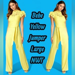 Bebe Womens Yellow Lace High Neck Jumpsuit Size Small NWT
